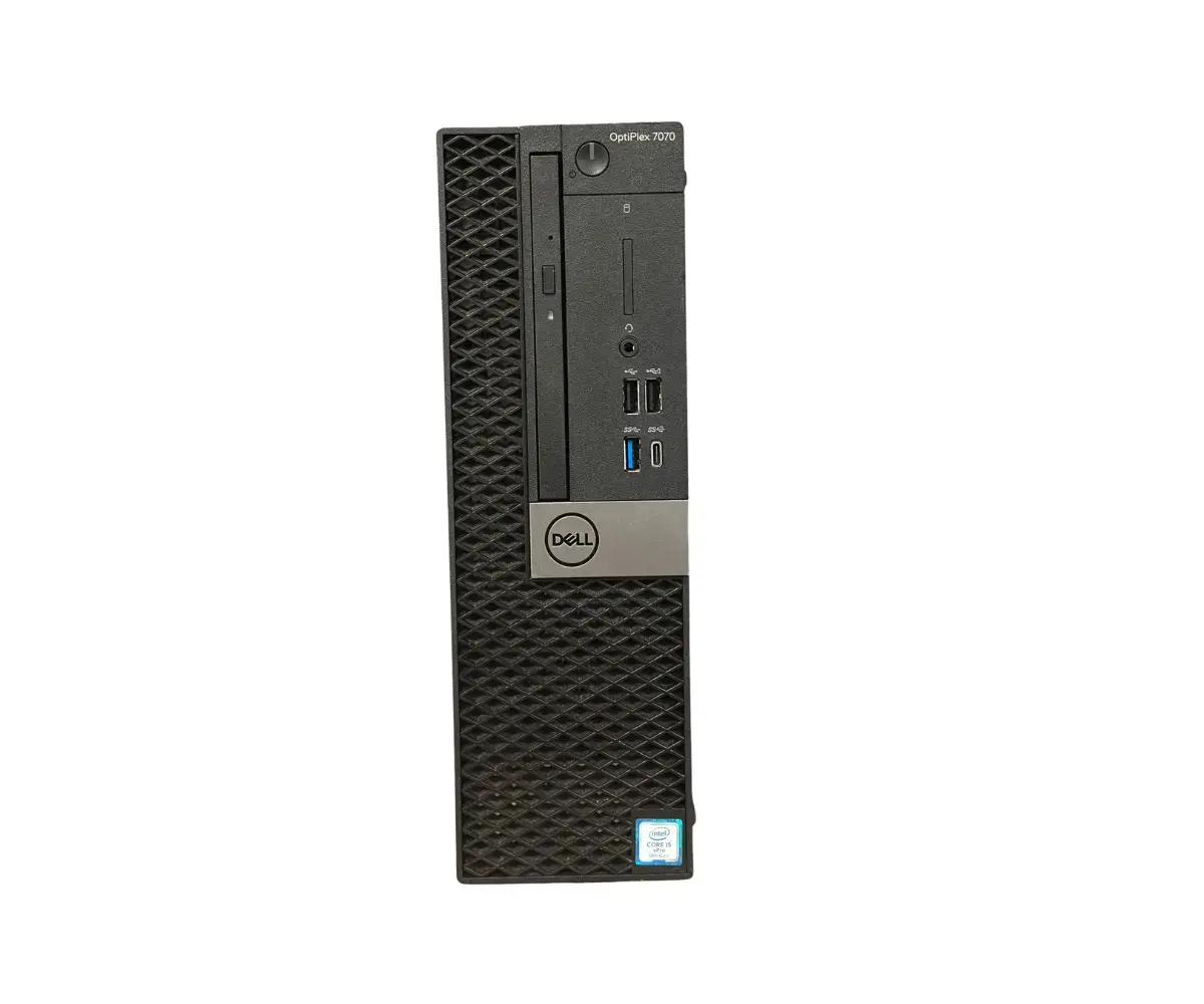 DELL OptiPlex 7070 SFF desktop computer front view showing black textured case with Dell logo badge and front panel ports