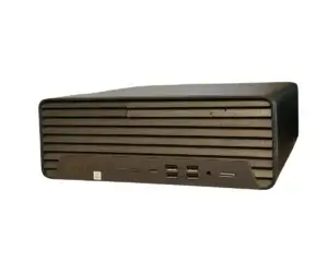 HP Prodesk 600 G6 Sff desktop computer, rechterzijkant aanzicht, met horizontale groeven op behuizing en aansluitingen zichtbaar