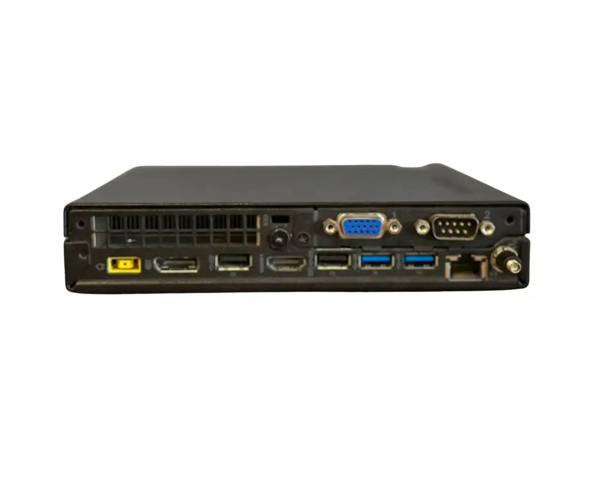Lenovo ThinkCentre M720q - achterkant met aansluitingen (VGA, USB, RJ45, stroomvoorziening)
