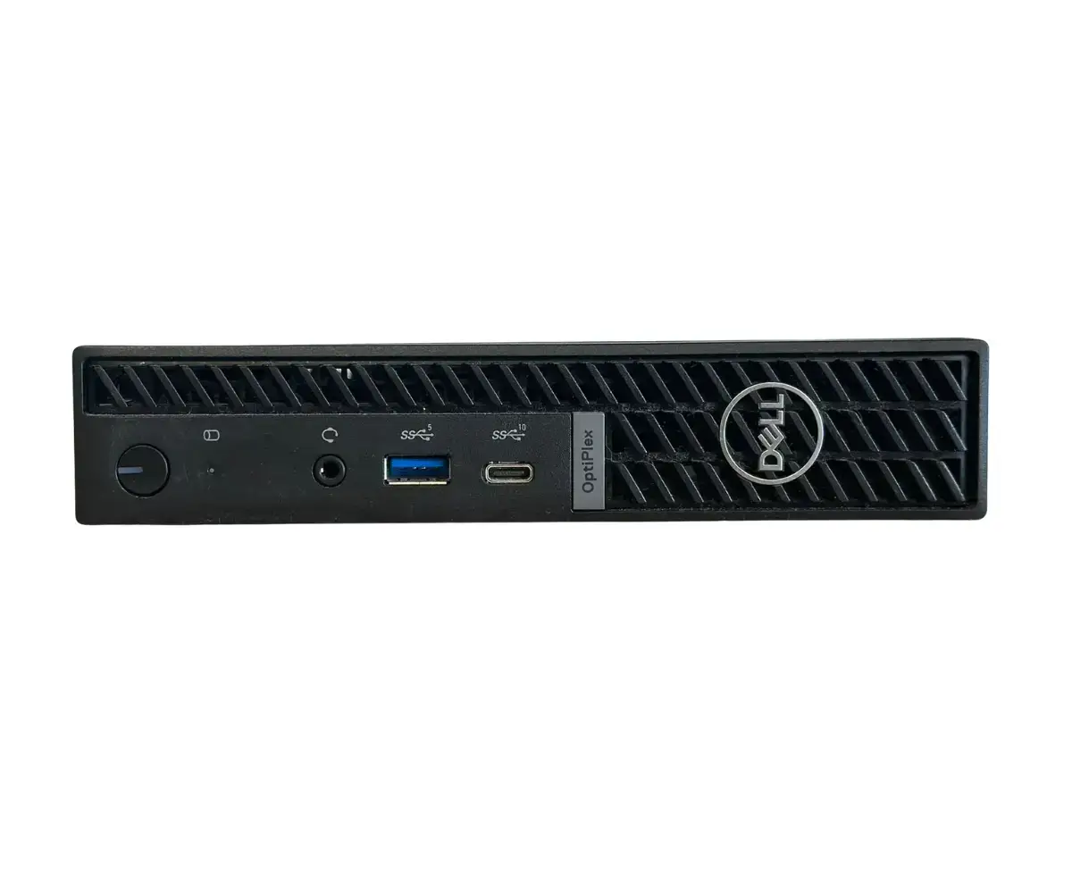 Front view of Dell Optiplex 7020 Mini PC showing ports including USB 3.0, USB-C, and power button on black textured chassis