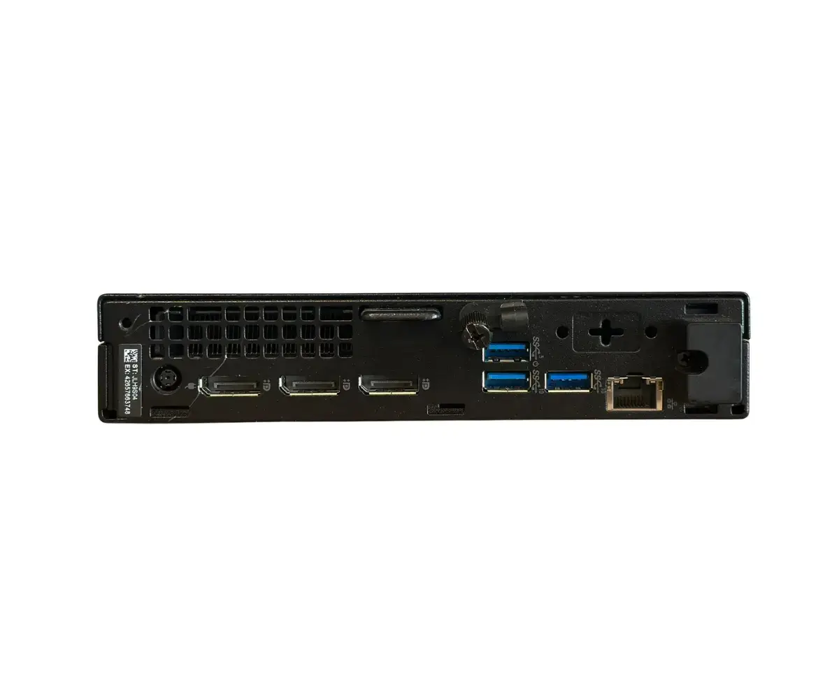 Dell Optiplex 7020 Mini Plus PC rear panel showing ports including USB 3.0, serial ports, ethernet, and power connections