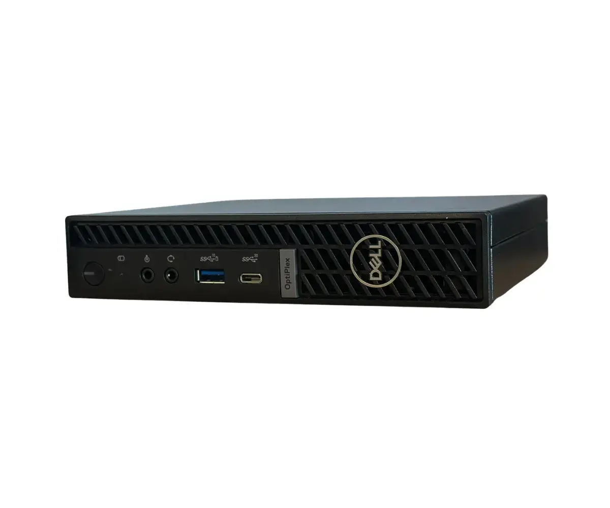 Front view of Dell Optiplex 7020 Mini Plus PC showing compact black chassis with power button, USB ports, and Dell branding on the left side