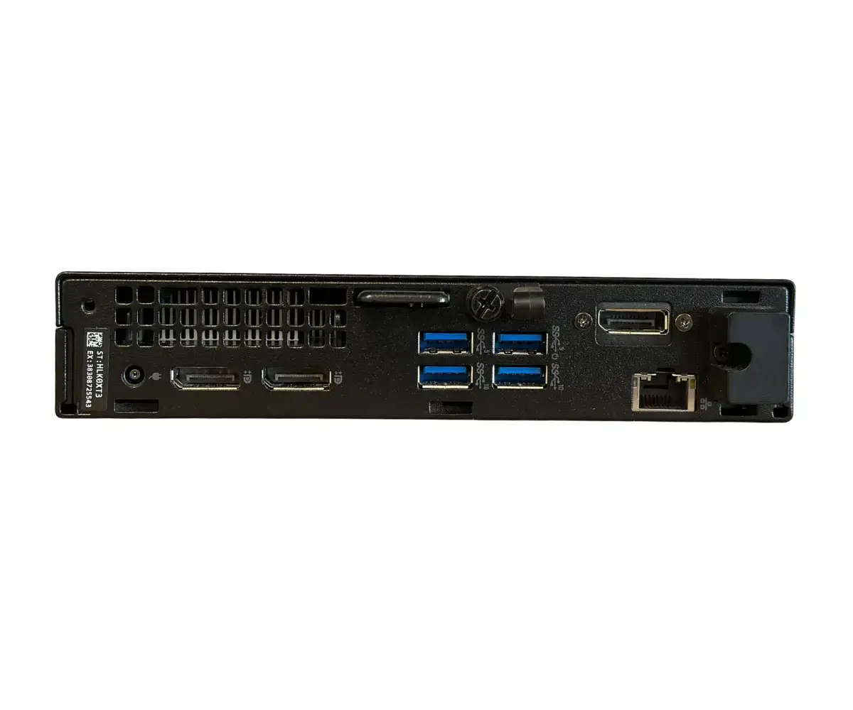 Dell Optiplex 7000 Mini PC rear panel showing ports including USB 3.0 ports, DisplayPort, Ethernet jack, and power connections