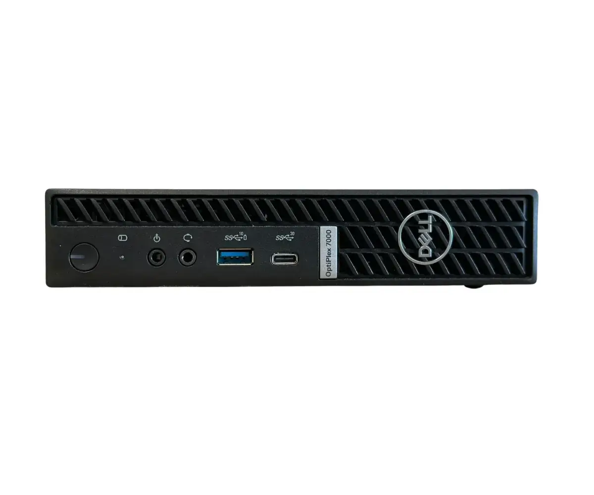 Dell Optiplex 7000 Mini PC i5-12500T front view showing ports including USB 3.0, USB-C, and power button with Dell logo on black textured chassis