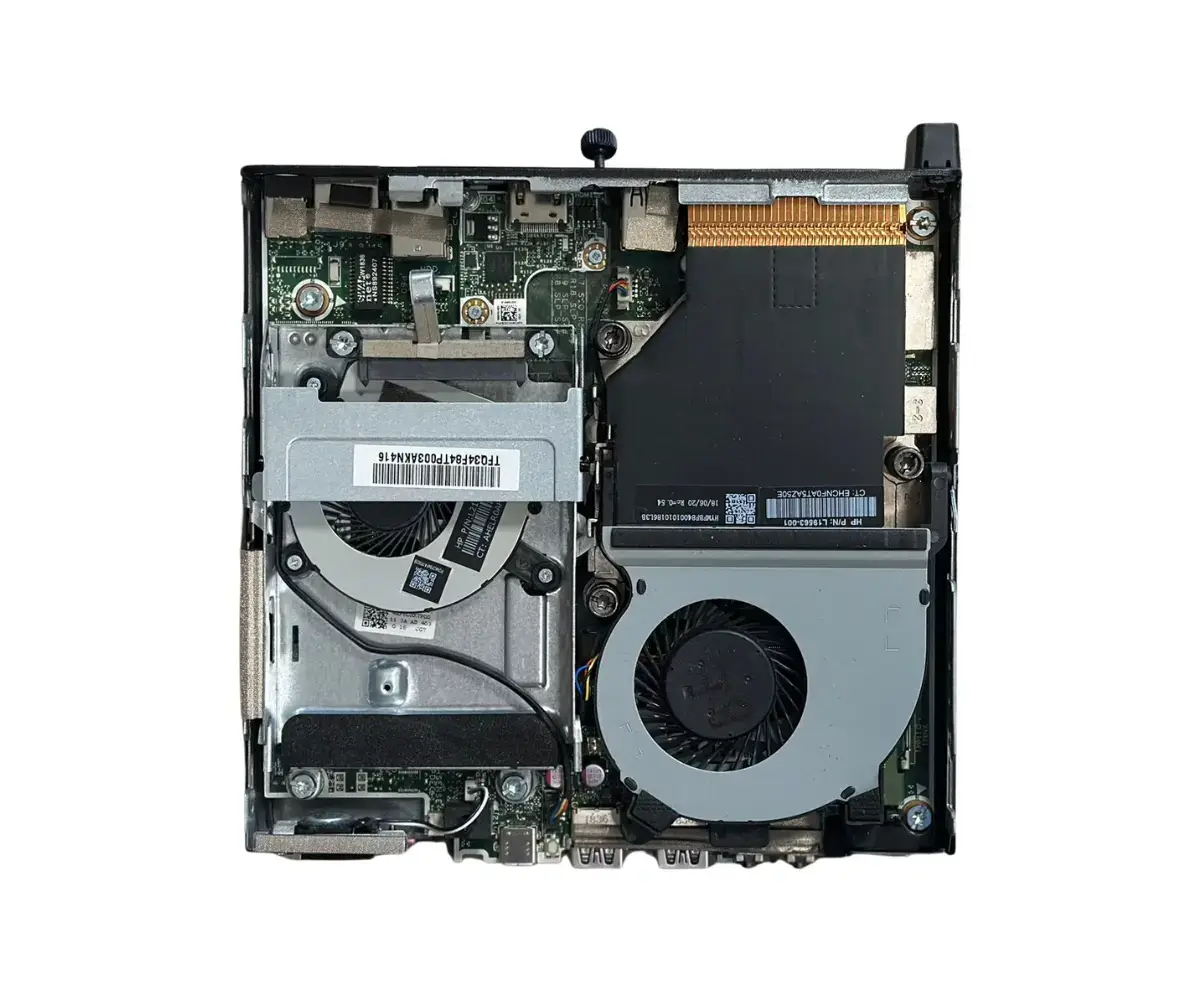 HP Elitedesk 800 G4 65W Mini PC i5-8500 - binnenkant met moederbord, SSD-opslag, ventilator en interne componenten zichtbaar