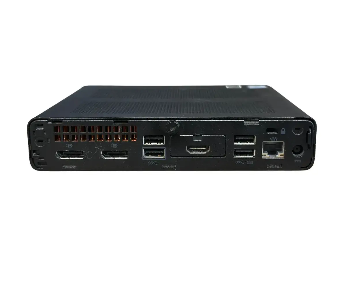 HP Elitedesk 800 G4 65W Mini PC i5-8500 - 8GB - 256GB Nvme SSD - Windows 11, achterkant met aansluitingen (USB, HDMI, Ethernet, stroompoort)
