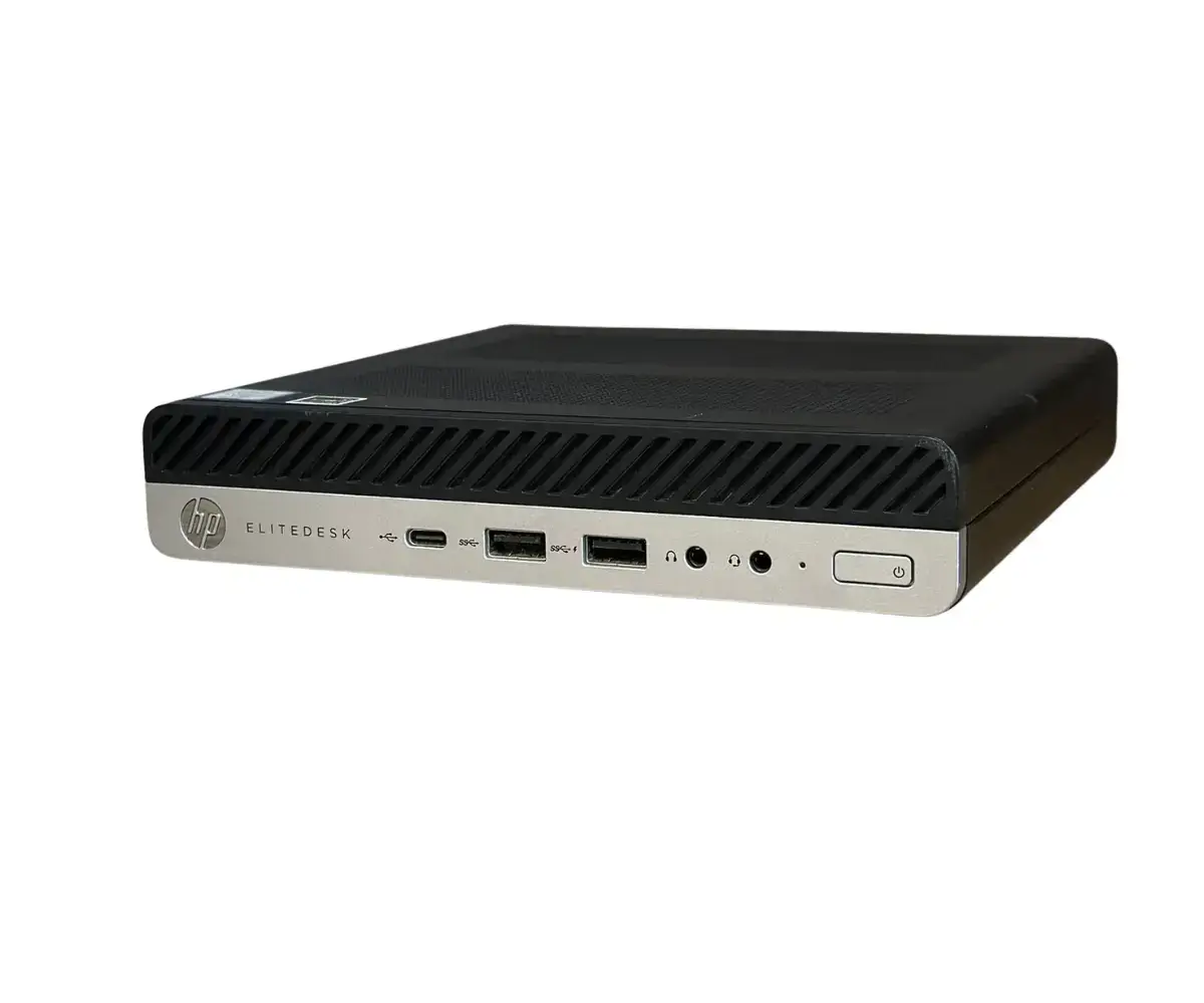 HP Elitedesk 800 G4 65W Mini PC i5-8500 - 8GB - 256GB Nvme SSD - Wifi - Windows 11, voorkant met USB-poorten en audioaansluitingen zichtbaar