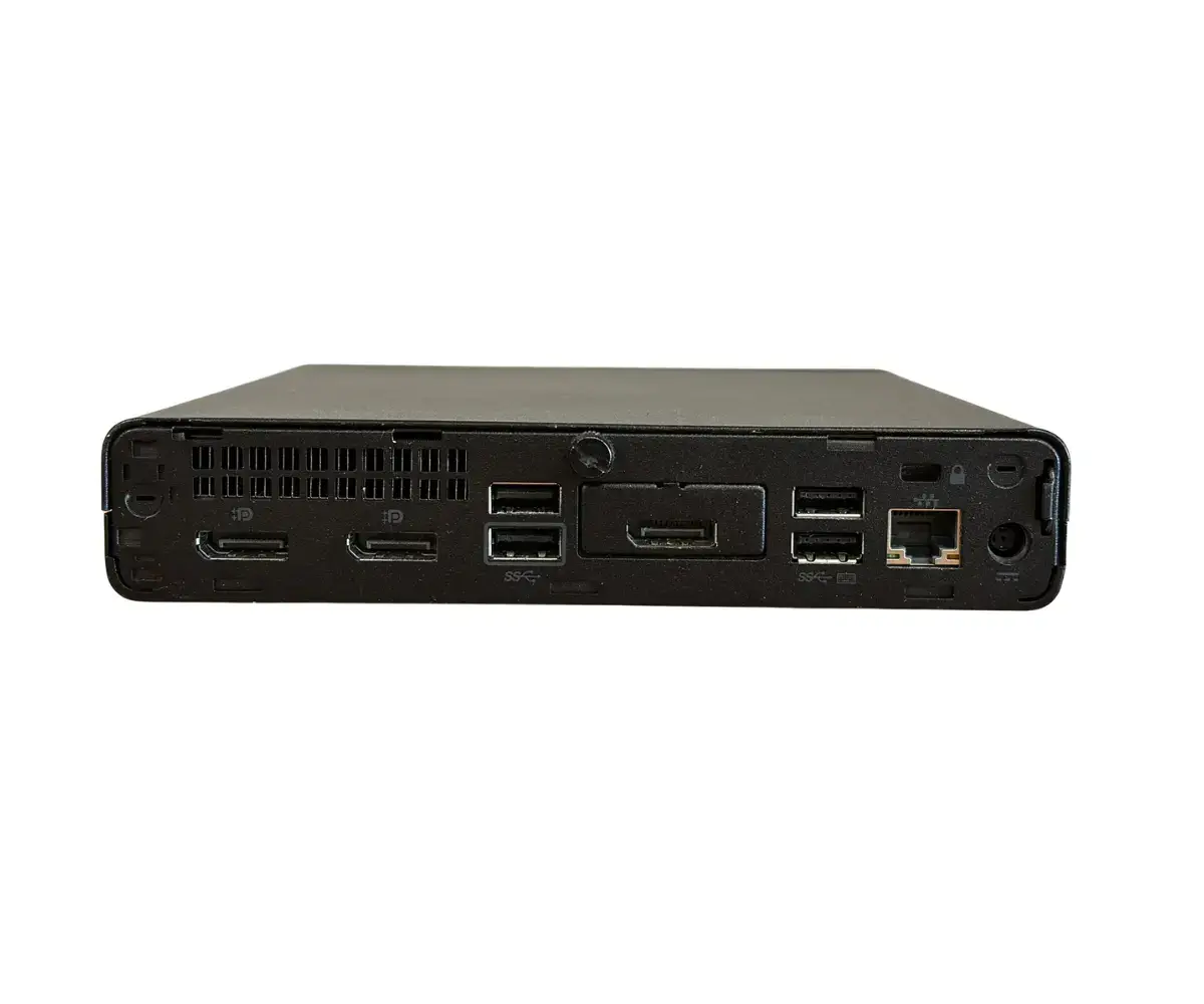 HP EliteDesk 800 G4 35W Mini PC rear view showing multiple ports including USB, DisplayPort, Ethernet, and additional connectivity options