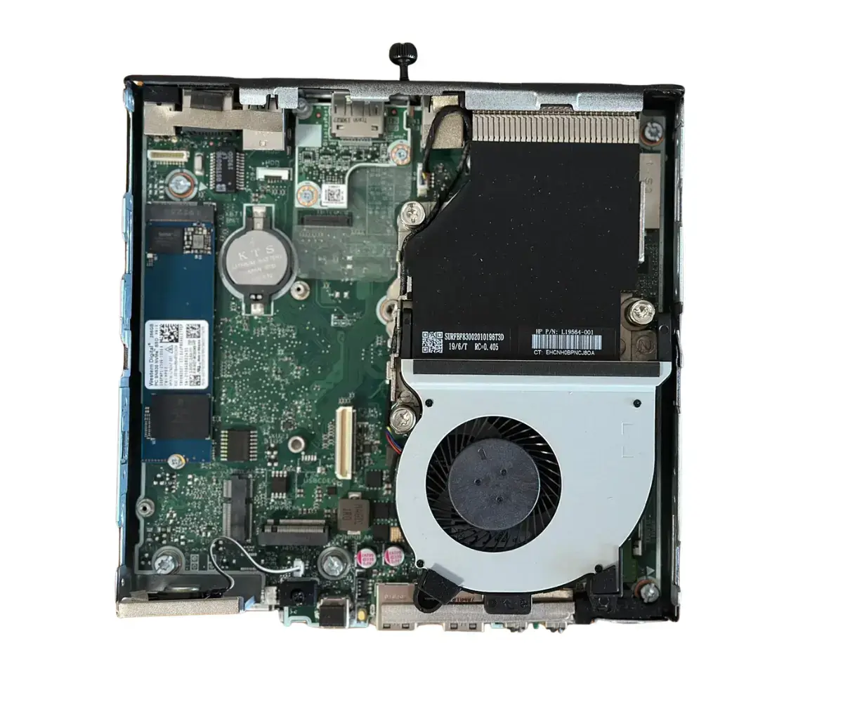 HP EliteDesk 800 G4 35W Mini PC internal components view showing motherboard, cooling fan, and hard drive assembly