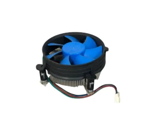CPU-cooler front view with blue fan and black aluminum heatsink base with power cable