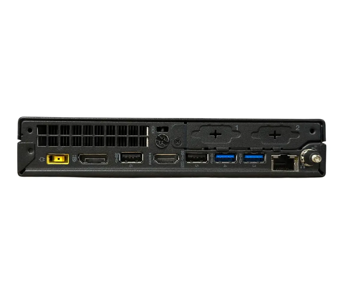 Lenovo ThinkCentre M720q achterkant met poorten - i5 8400t - 256GB SSD - 8GB - Wifi - Windows 11, USB 3.0 aansluitingen en netwerkconnector zichtbaar