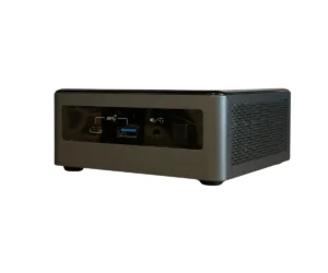 Intel NUC10i5FNH compact desktop computer shown from front angle, displaying power button and port access on dark gray chassis with textured side panel