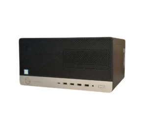 HP Prodesk 600 G4 PC i7-8700 - 16GB - 256GB NvmeSSD - Wifi - Windows 11, three-quarter front view showing desktop tower with black front panel and beige chassis with multiple front-facing ports