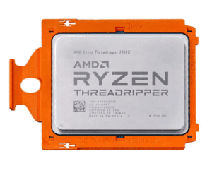 AMD Ryzen Threadripper Pro 3945WX processor in orange tray packaging, top view showing CPU die with heatspreader and product labeling