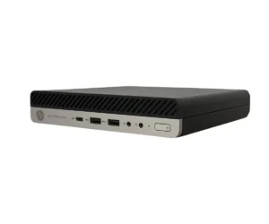 HP EliteDesk 705 G5 Mini PC rear view showing ports including DisplayPort, VGA, USB, and power connector
