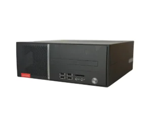 Lenovo V530s-07ICR SFF desktop computer, front and left side view, showing dark gray chassis with perforated metal panel, optical drive slot, and front ports