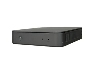 Yealink MCore - i5 8265U - 8GB - 128GB SSD - geen os/adapter, bovenaanzicht van de zwarte compact computer met logo en indicatorlampjes zichtbaar